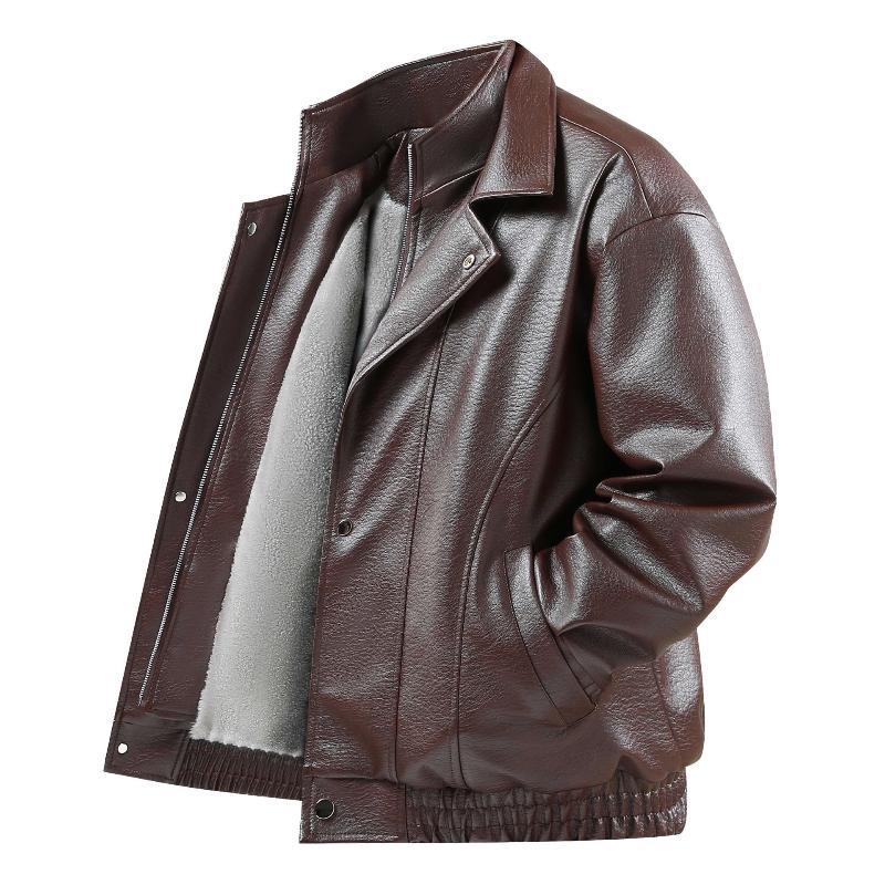 

Retro Simple Casual Stand Collar Fleece Lined Leather Jacket Trendy PU Top for Men Winter Streetwear Warm Motorcycle Coat XXXL коричневий
