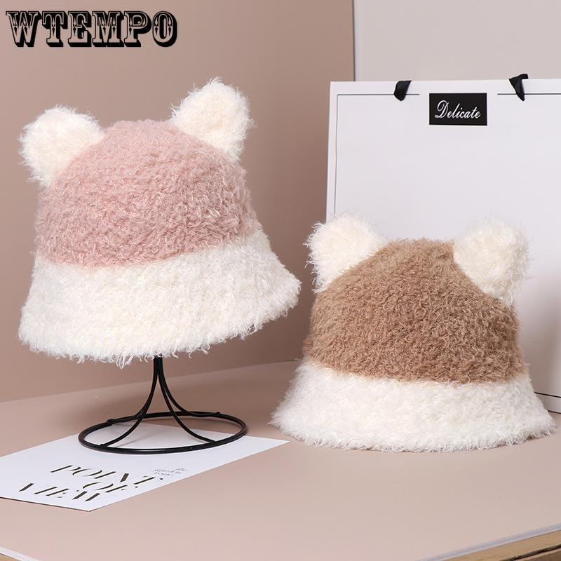 

New Autumn and Winter Warm Plush Hat for Women Cute Ear Protection Bucket Hat One Size білий