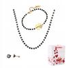 Gold Jewelry Set with Clover Chains and Black Beads and Crystals