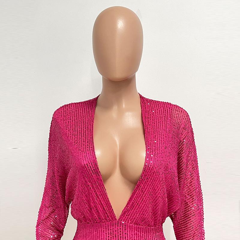 Dress Summer Women's Deep V Backless Cutout Dress Long-sleeved Sequin Hip Wrap Dress