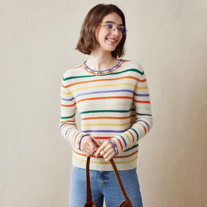 Commend Boca Women's Striped Round Neck Cashmere Sweater