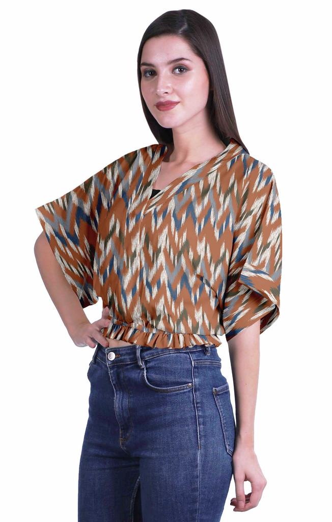 Moomaya Printed Boxy Sleeve Tops For Women V-Neck Elastic WaistA  Kimono Top
