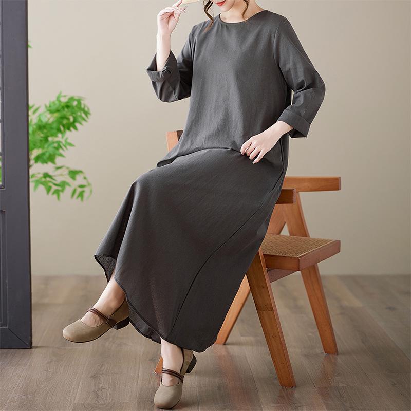 2026 Plus Size Cotton Linen Printed Round Neck Loose Long Sleeve Holiday Dress XL