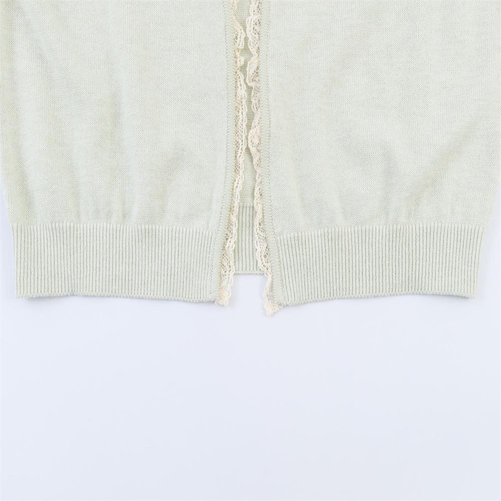 Summer Women's Lace Color Block Knit Top - Lace-up Round Neck, Short Sleeve, Commuter Style