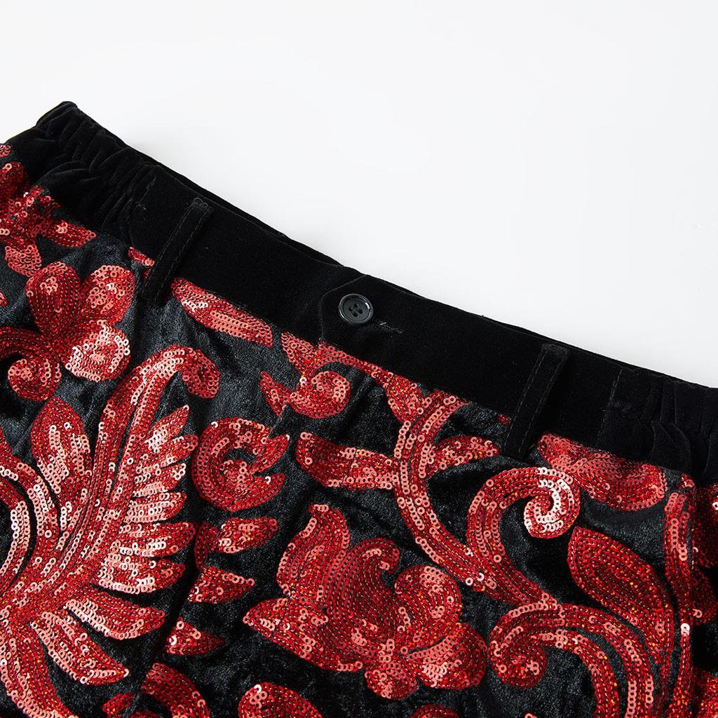 PYJTRL Mens Fashion Shiny Sequin Floral Pattern Pants Expandable Waist Trousers