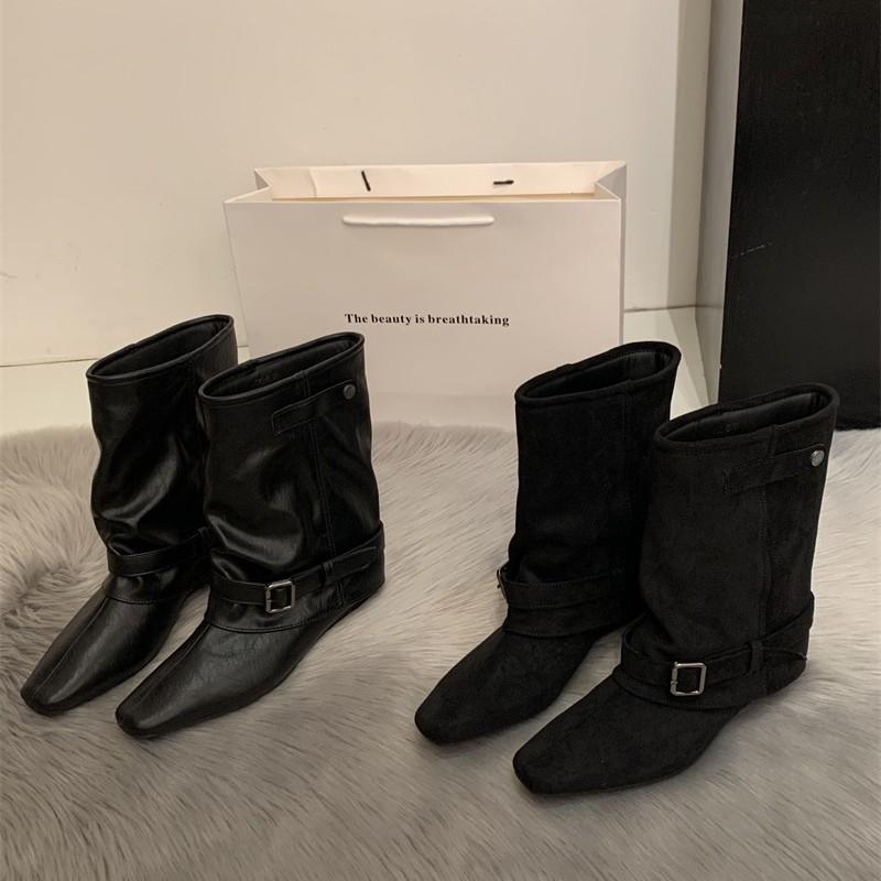 Vintage Suede Khaki Short Boots Women's Boots French Boots Autumn Niche Design Western Pile Boots Knight Boots