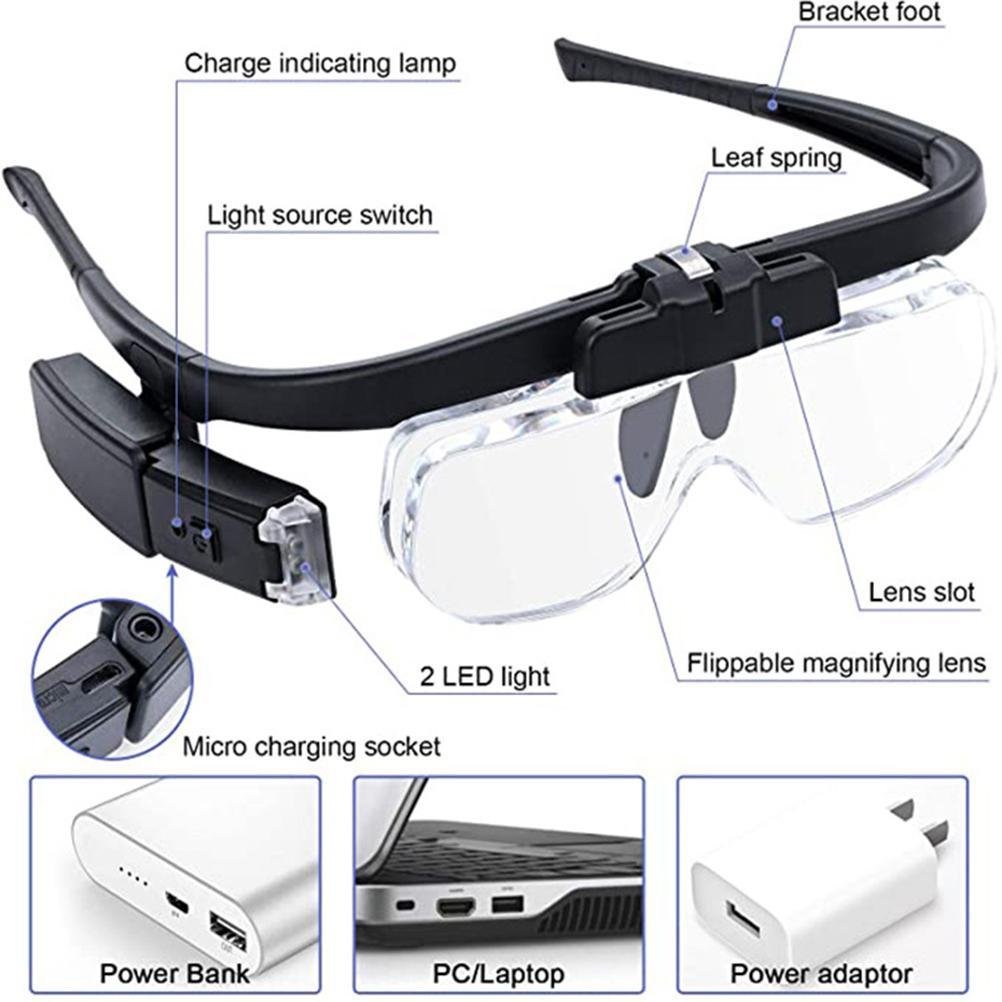 Portable Headband Magnifying Glass with Light Dual Lens Slot Glasses Set