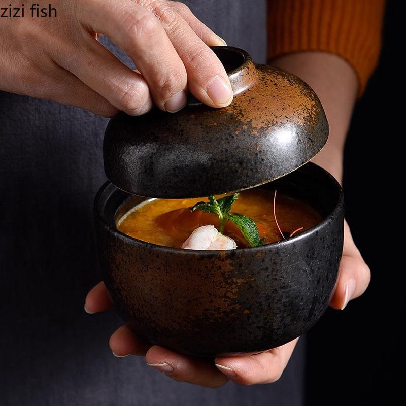 Keramikschüssel mit Deckel Kreatives Muster Dicke Suppenschüssel Dampfeierschüssel Dessertschalen Snackschalen Restaurant Spezialgeschirr