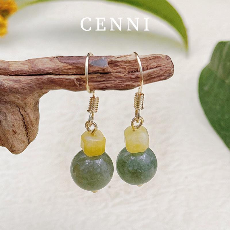 Handmade Yellow-Green Stone Tassel Earrings in 925 Silver, Mori Style