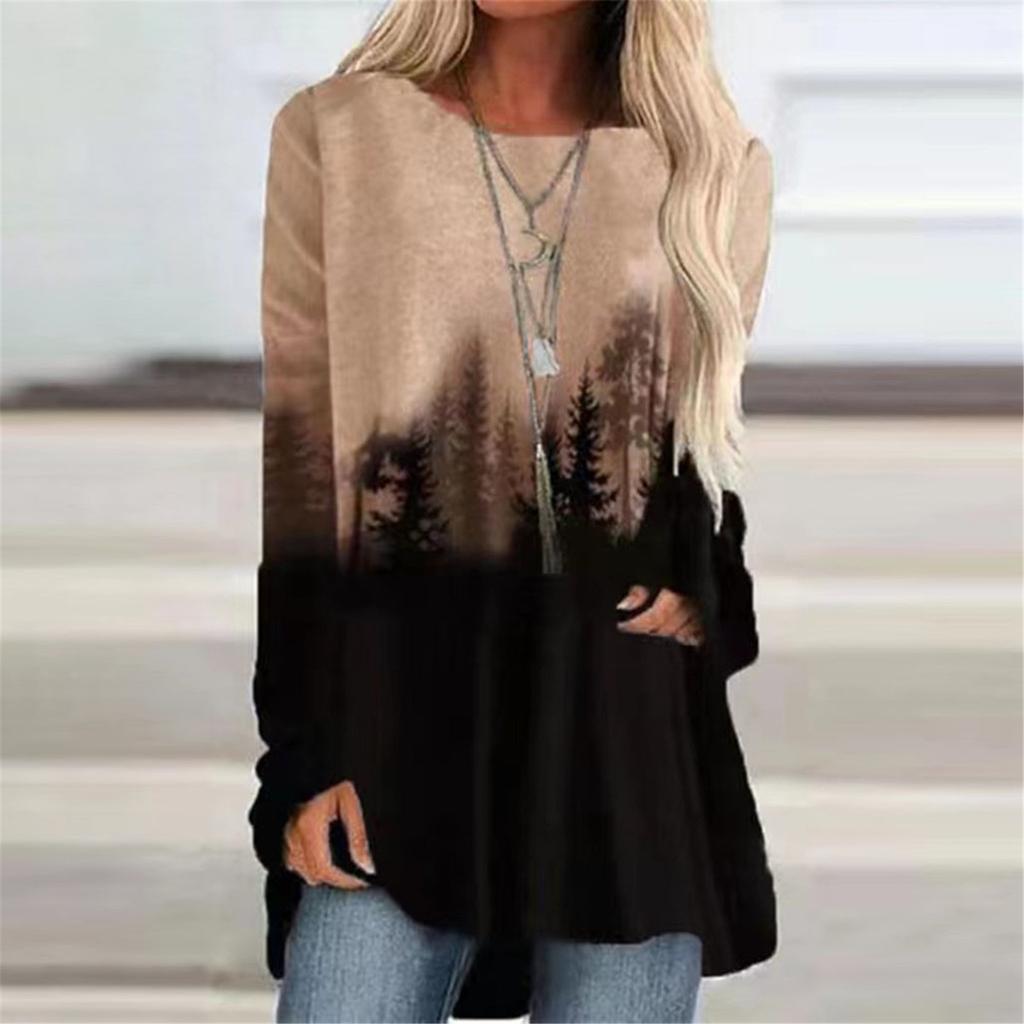 Fashion Women's  Printed Long Sleeve Round-Neck T-Shirt Long Style Tops