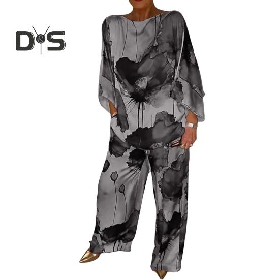 2 Pcs/Set Women Top Pants Set Bright Color Floral Print Three Quarter Bat Sleeves O Neck T-shirt Wide Leg Deep Crotch Elastic Waist Loose Casual