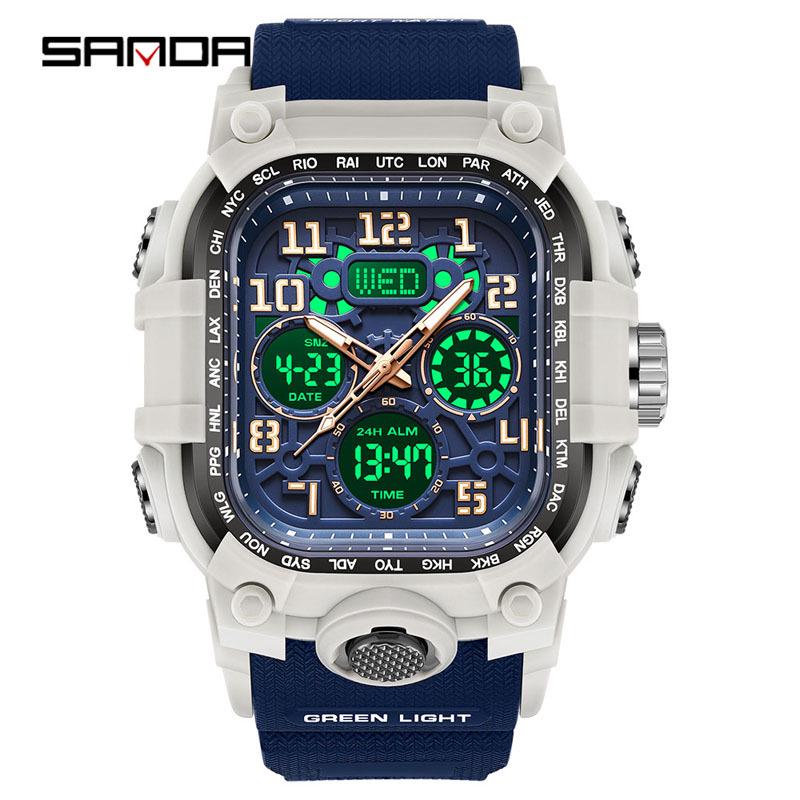 Sanda Men's Trendy Waterproof Multi-Functional Electronic Watches with Three-Time Zones for Casual Use