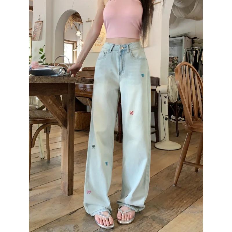 2024 New High Waist Denim Trousers Women Summer Design Sense Bow Embroidery All-Match Wide Leg Mop Pants Fashion
