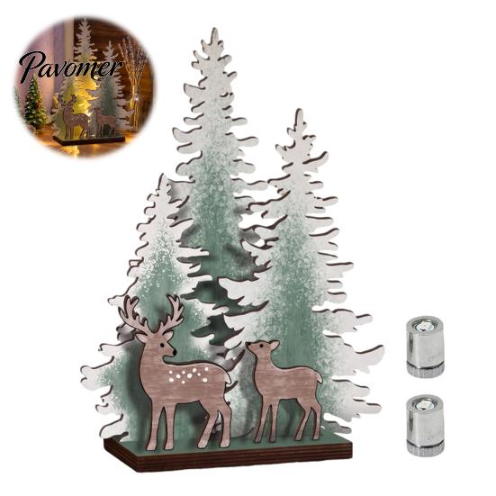 Mini Christmas Tree Wooden Table Decor with LED Light, Rustic Standing Sign Exquisite Wood Craft Reindeer Santa Claus for Holiday Tiered Tray,