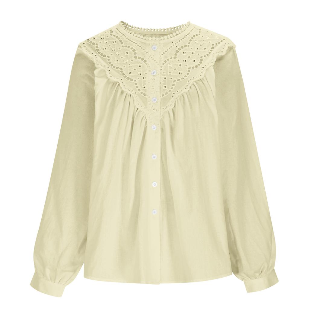 Women's Fashion Loose Lace-Up Openwork Blouse With Round Neck And Long Sleeves