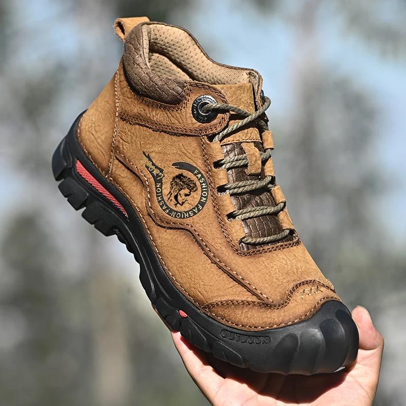 Fashion Winter Outdoor Warm Plush Men's Mountaineering Boots Soft Sole Comfortable Hiking Shoes Ankle Boot Genuine Leather Snow Boots