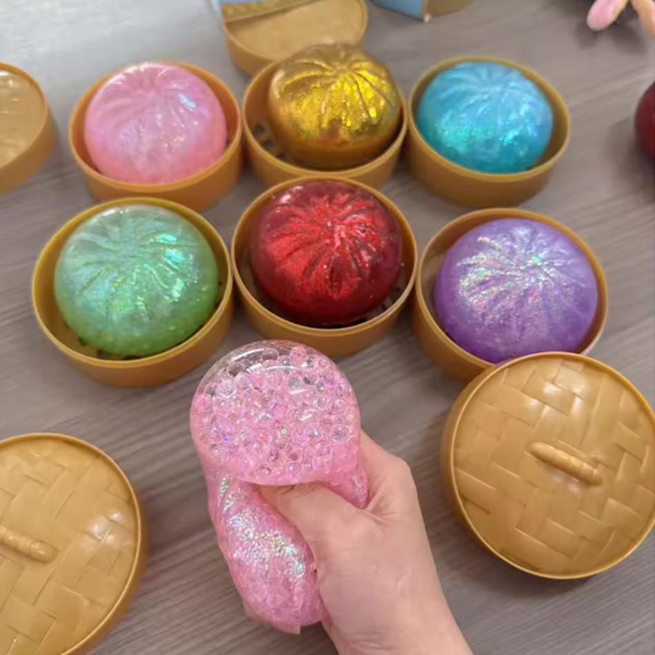 Glitter Dumpling Squishy,New Glitter Dumpling Squishies Box,Soft Squeeze Dough Ball For Stress Relief,Stretchy Bun With