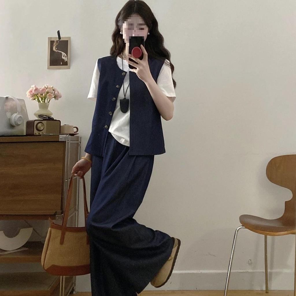 New Plus Size Waist-Cinching Wide-Leg Pants Set: Fashionable Summer Short-Sleeved Vest & Versatile Shirt
