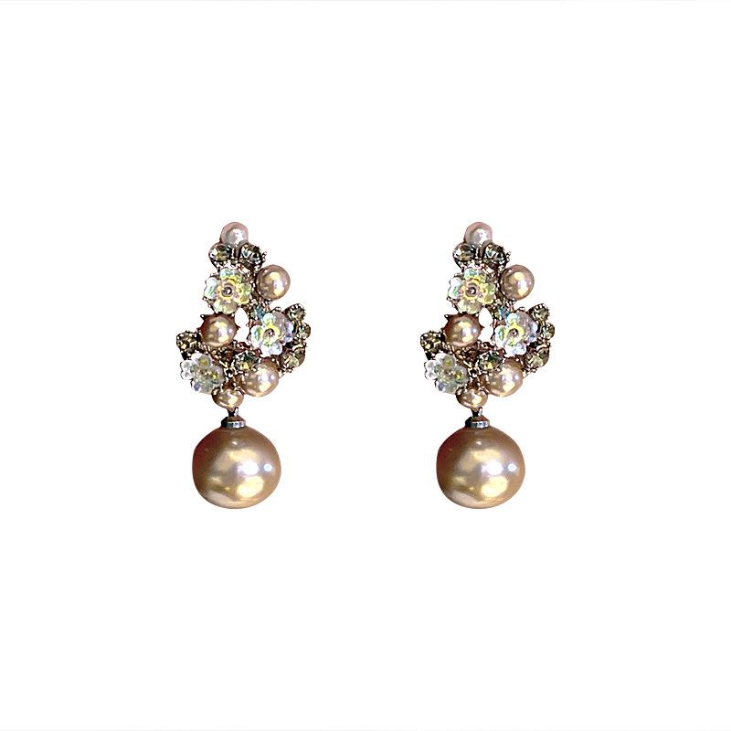 Silver Needle Geometric Pearl & Diamond Flower Earrings - Elegant Luxury Style for Women