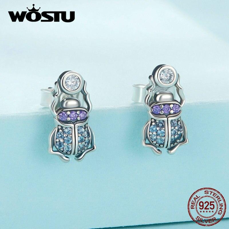 

WOSTU стерлингового серебра 925 пробы цветные циркониевые серьги-гвоздики со скарабеем вниз для женщин серьги-гвоздики в виде насекомых для девочек ювелирные изделия на день рождения подарок