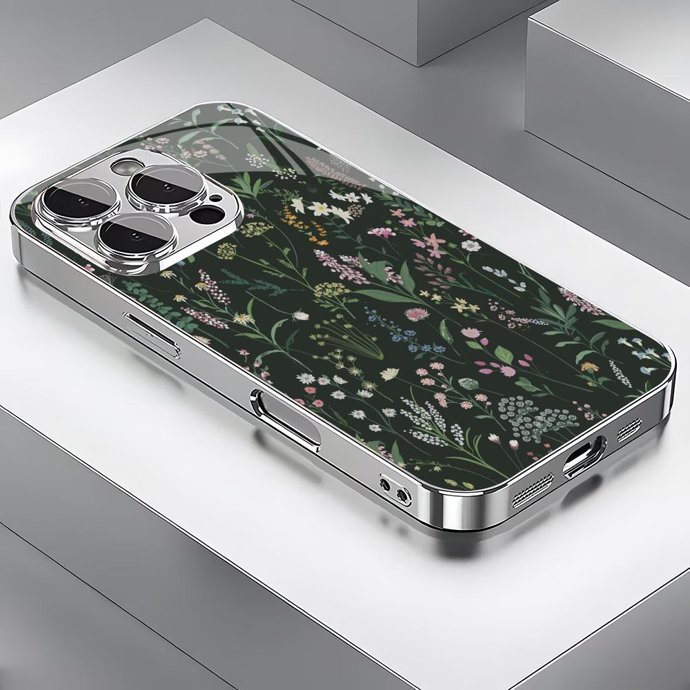 Green floral plant silver plated glass phone case suitable for iPhone 17 16 15 14 13 12 11 Pro/Max/Plus scratch resistant