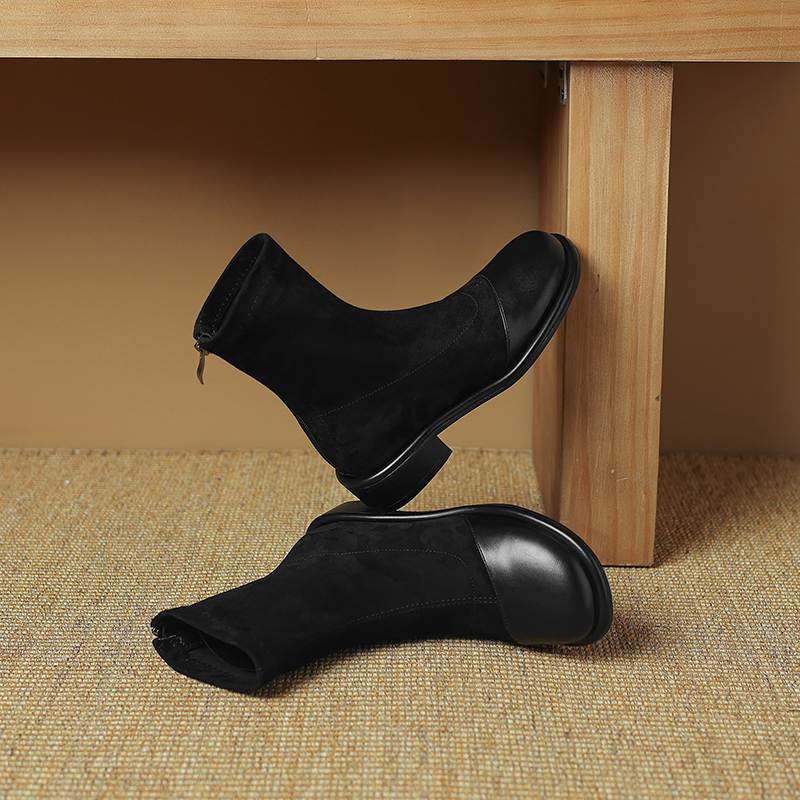 Krazing Pot Flock Autumn Winter Shoes Low Heels Size 43 Stretch Boots Back Patch Work Street Wear Elastic Ankle Boots