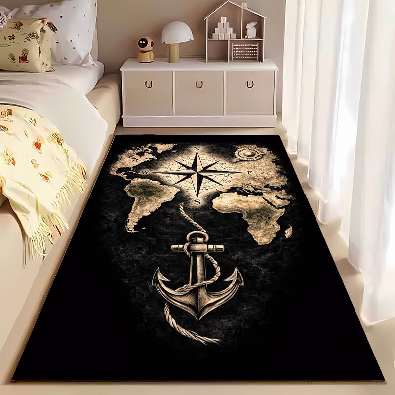 Nautical Art Area Rug, Vintage World Map Compass Anchor Rope Dark Sepia Print, Coastal Study Office Decor, Non-Slip Mat