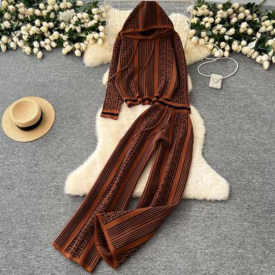 Frühling Herbst Mode Gestrickte Zweiteiler Damen Kapuzen Dick Warm Pullover+Weitbeinige Hosen Geometrischer Druck Pulloversets