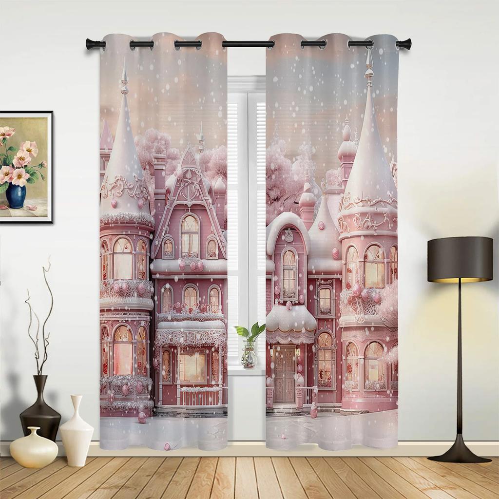 Christmas Snowman Snow Scene Pink House Window Curtains Decor For Home Bedroom Kitchen Living Room Ornament Xmas Gifts Navidad