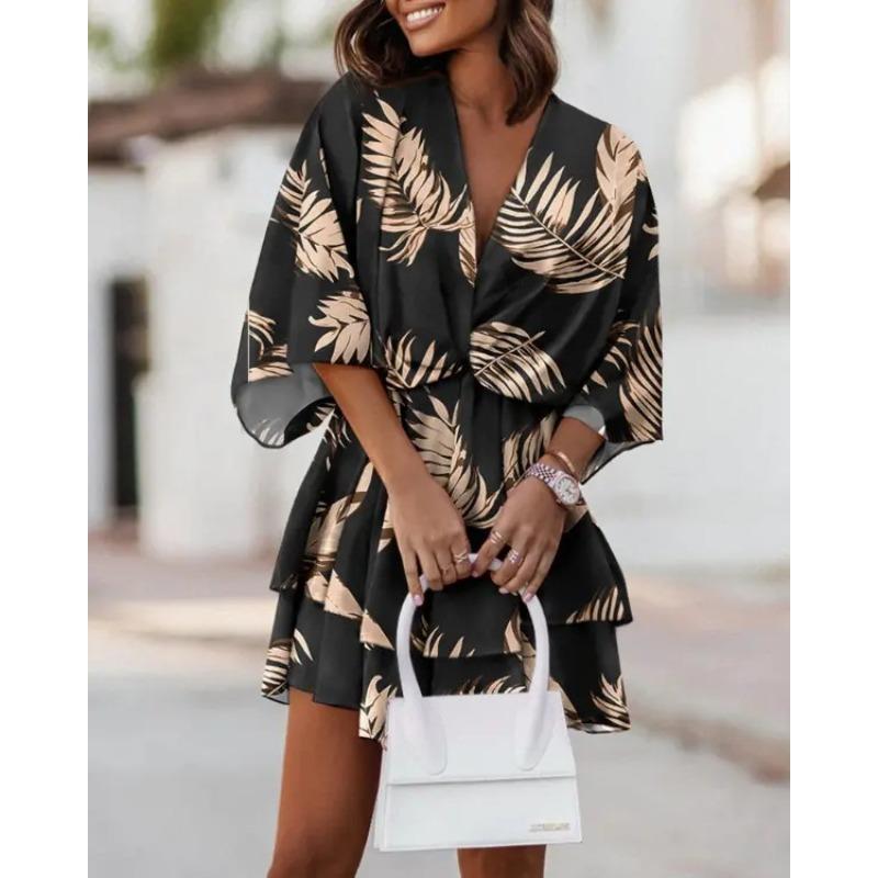 

Autumn Collar Loose Bat Sleeve Printed Dress Women s Clothing XXL