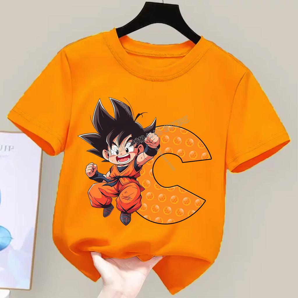 Dragon Ball Goku T-shirt for Children Cartoon A-Z Letters Tee Top Boys Girls Orange Clothes New Kids Short Sleeve Clothing Gift