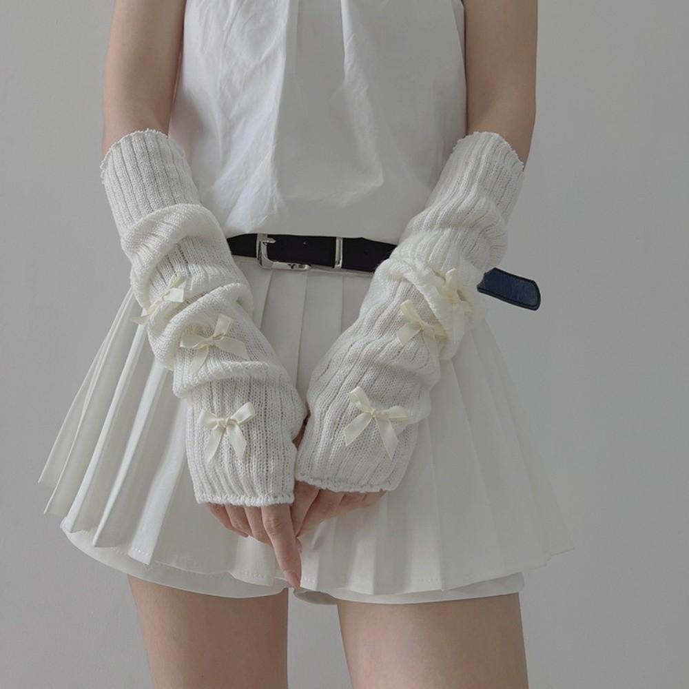 Stacked Bow Knitted Arm Warmers Long Sleeve Covers Millennium Style Y2K Fingerless Gloves Autumn