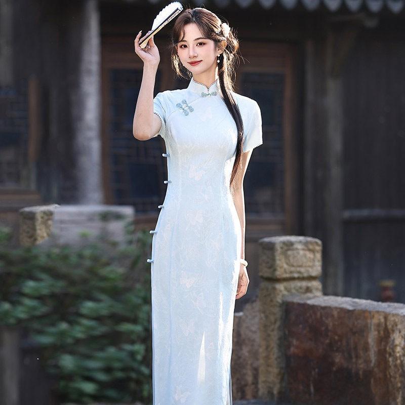 Elegant Blue Modern Chinese-Inspired Long Cheongsam Dress Women 2026 Vintage Fit With Lace Trim