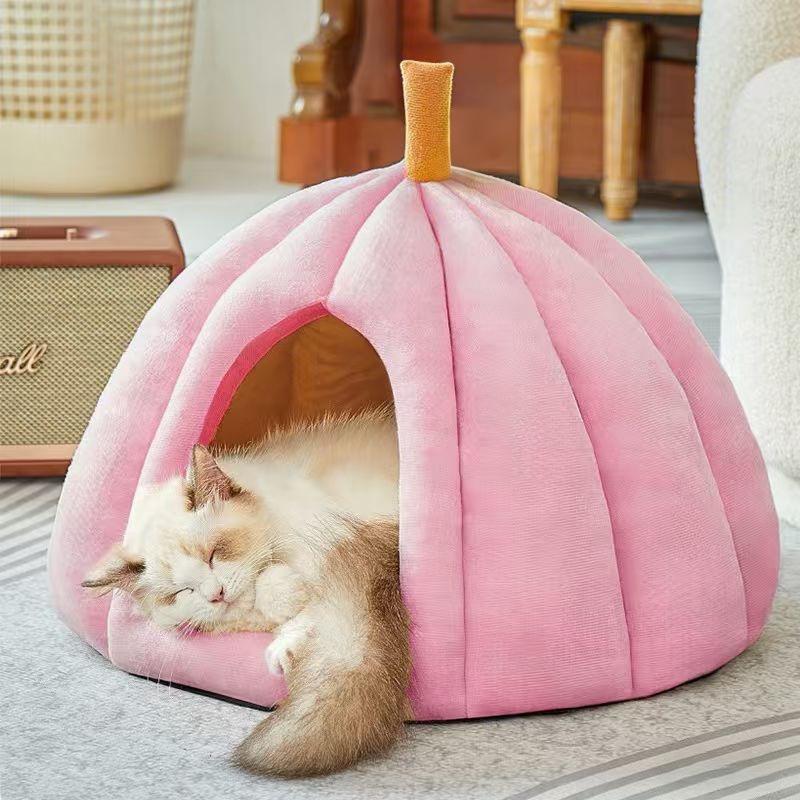 Kürbis Katzenbett Geschlossenes Warmes Haustierhaus für Katzen Hunde Alle Jahreszeiten Verdicktes Gemütliches Schlafnest mit Sicherheitsgefühl