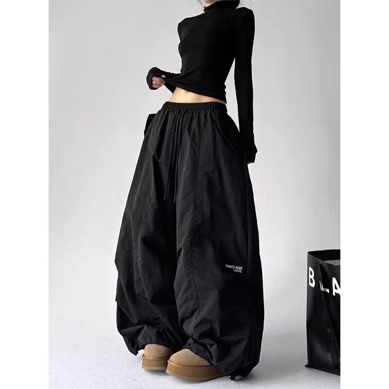 

American Quick-Dry Taslan Wide-Leg Women s Paratrooper Cargo Pants - Slimming Casual Style for Spring/Autumn 2026 M чёрный