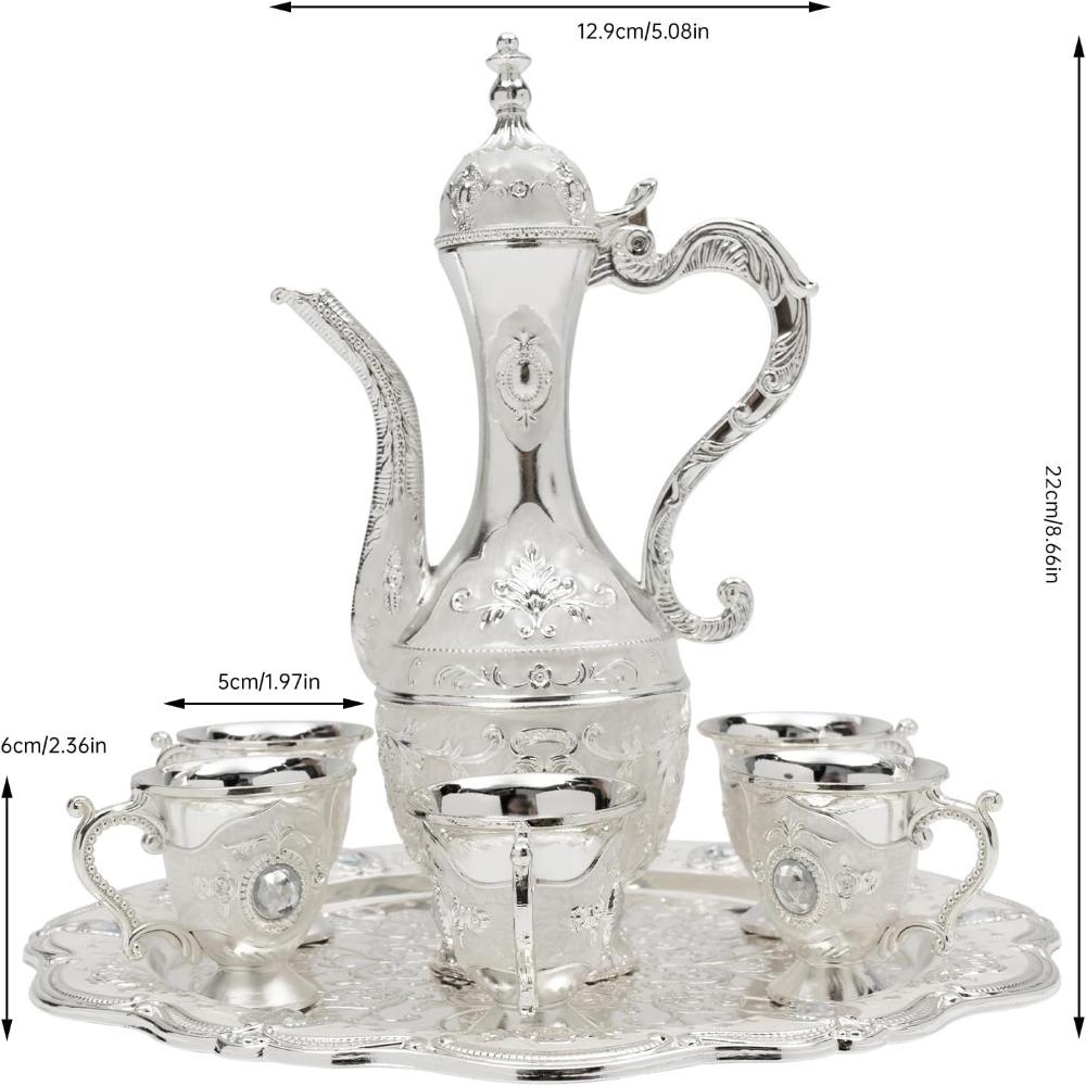 Turecká čajová souprava Vintage kovová Turecká kávová souprava pro domácí dekoraci Narozeniny Vánoce Svatba Restaurace Hotel (stříbrný)