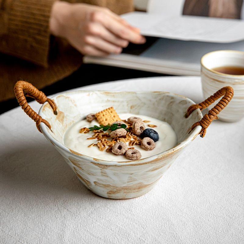 Ручная работа Японский стиль Грубая керамика 6-дюймовая десертная миска с веревочными двойными ручками