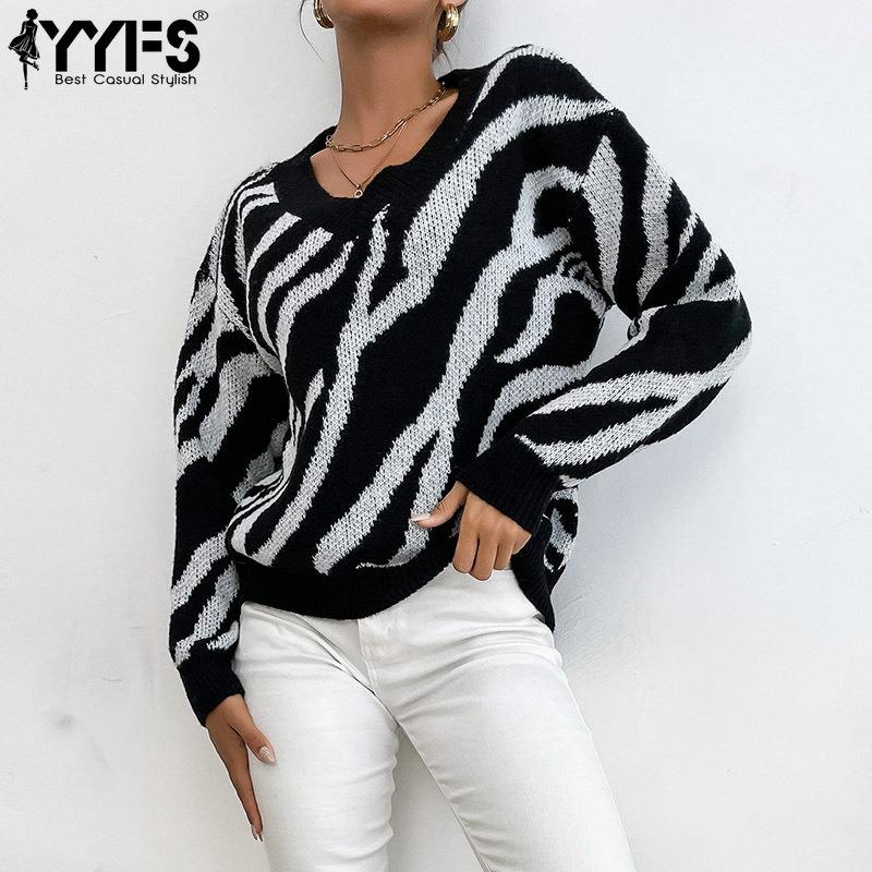YYFS Women's Fashion Casual Fall Winter Colour Block Print Long Sleeve V-Neck Tops Women's Clothing Woolen Knitwear Sweaters