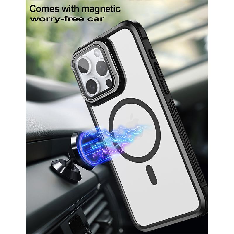 Magsafe Matte Soft TPU Border+Transparent PC Back Cover Holder Shockproof Phone Case For IPhone 15 Pro Max 13 12 11 14 Pro Max