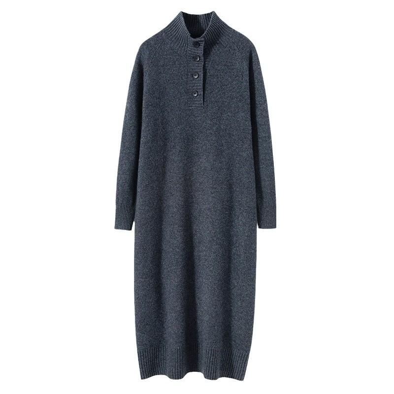 Women's High-Neck Cashmere Knit Dress - Button-Up, Knee-Length, Thick for Autumn/Winter