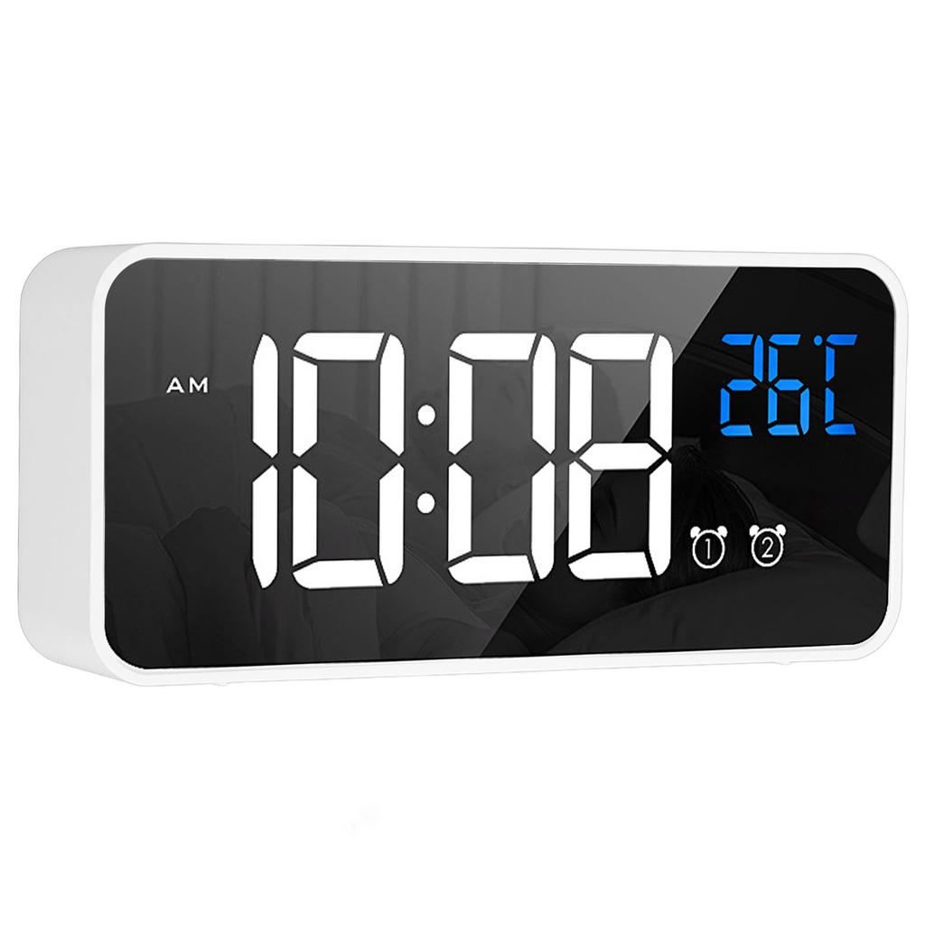 Mirror LED Alarm Clock Two Sets of Alarm Rechargeable Voice Activated Digital Clock for Bedrooms Bedside Desk White