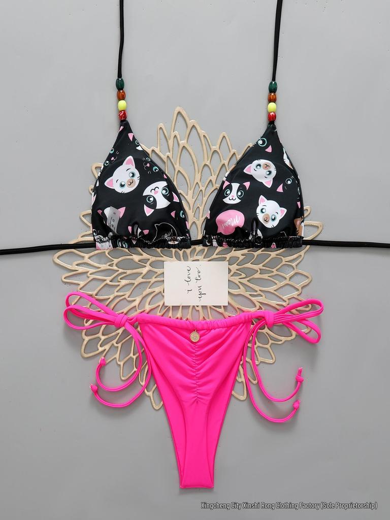 European & American Hot-Selling Sexy Lace-Up Kitten Bikini Thong Swimsuit
