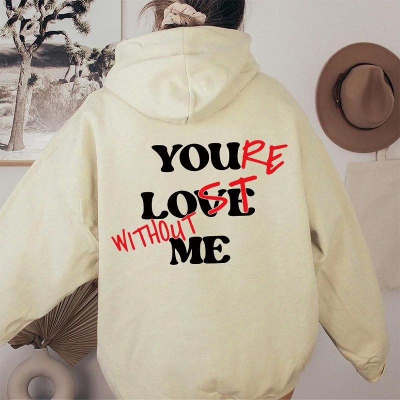 Women'S Fleece Shoulder Sleeve Sweater Plain Letter Print Kangaroo Pocket Drawstring Print Hoodie