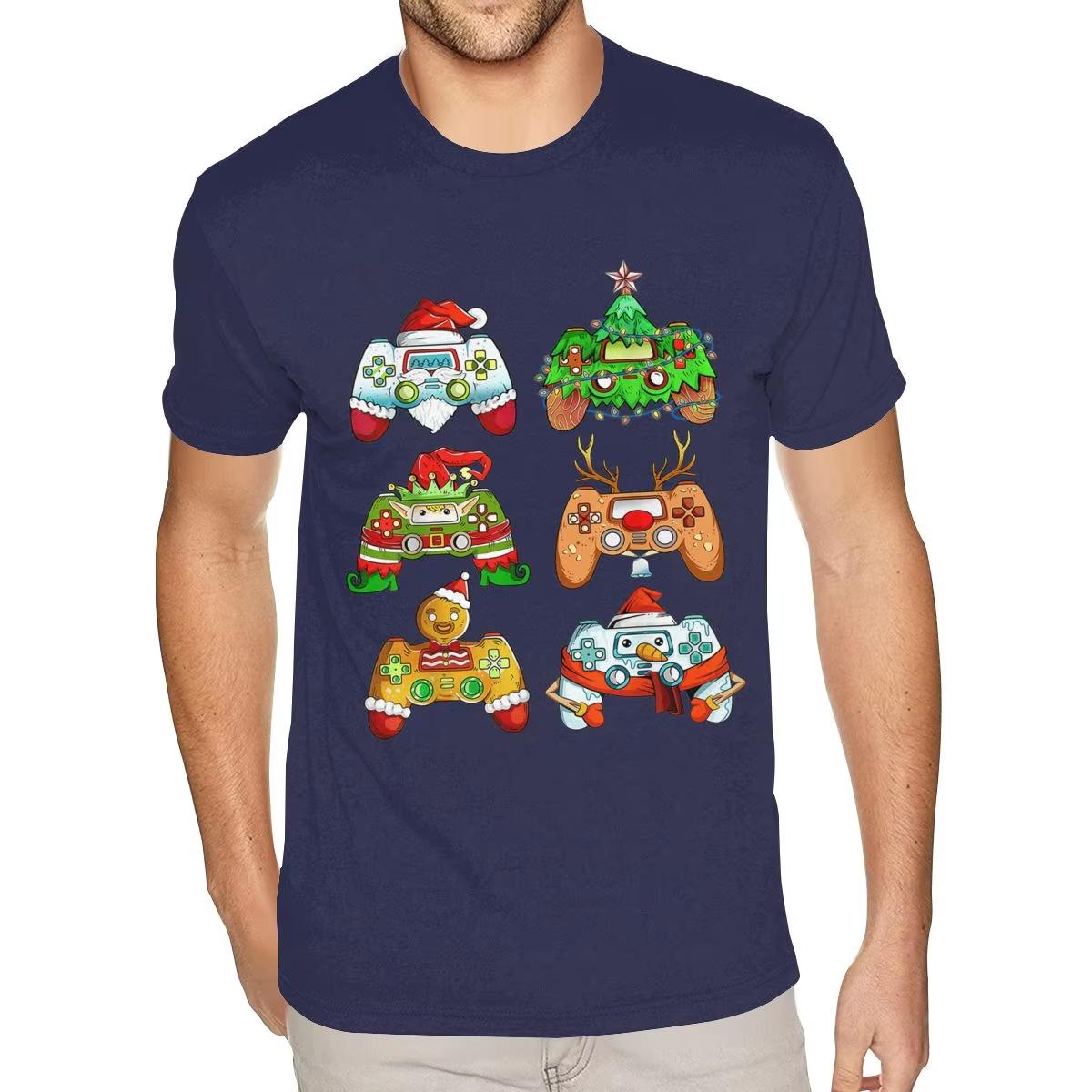 Graphic Santa Elf Christmas Gamer Controllers Tees Shirt for Men Short Sleeved Premium Cotton White Crew Neck Tees Shirts S
