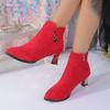 New thin-heeled mid-heeled pointed fleece boots and bare boots in autumn and winter, short tube, solid color high heel.