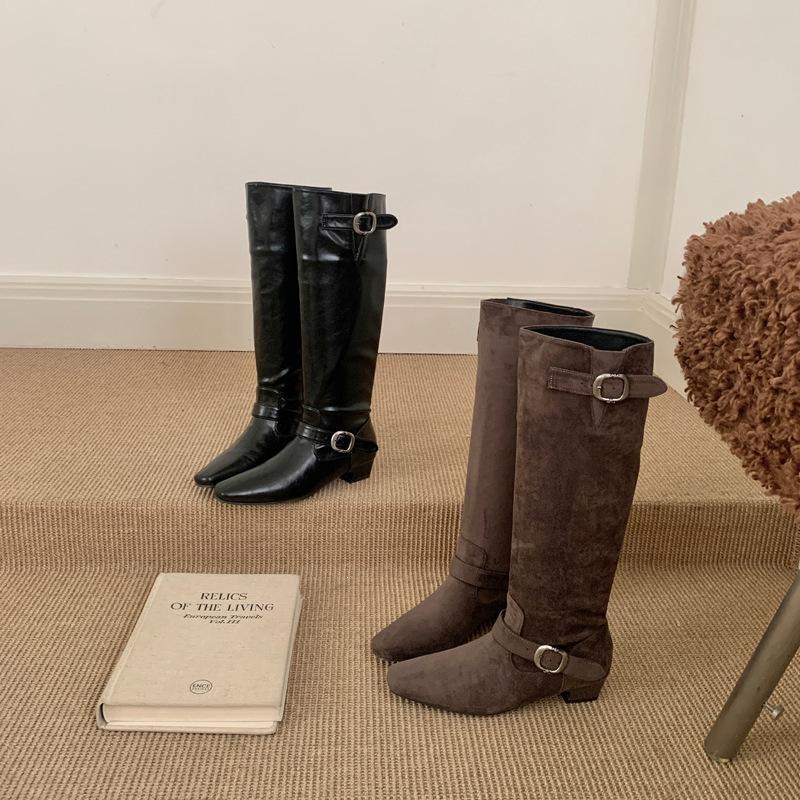 European and American style tall and thin, wrinkled piled boots, new square head thick heel belt buckle, one pedal knight boots women