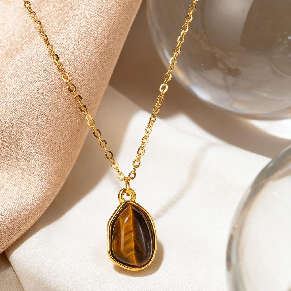 Stainless Steel Natural Tiger'S Eye Water Drop Pendant Necklace Female 2857