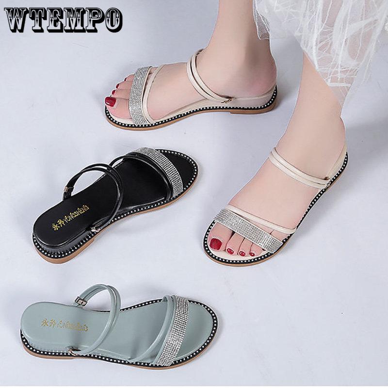Sandales d'été pour femmes, mode polyvalente, fond souple, antidérapantes, sandales à vent féerique, pantoufles deux en un | Tige en strass | Matériau PU