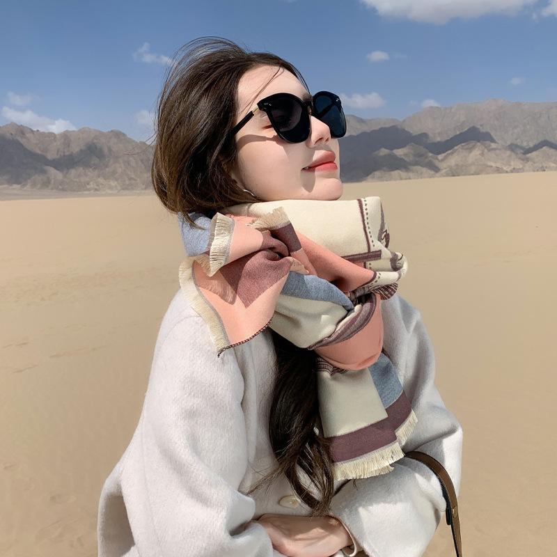 Korean Style Fashion Chain Imitation Cashmere Scarf for Women Autumn and Winter New Contrast Color All Match Scarf Tassel Cold Proof Warm Shawl