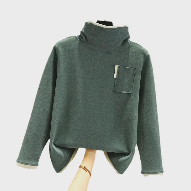 German Velvet Women's Half Turtleneck Pocket Top - Thick, Warm, Slimming, and Versatile Two-In-One for Autumn/Winter.